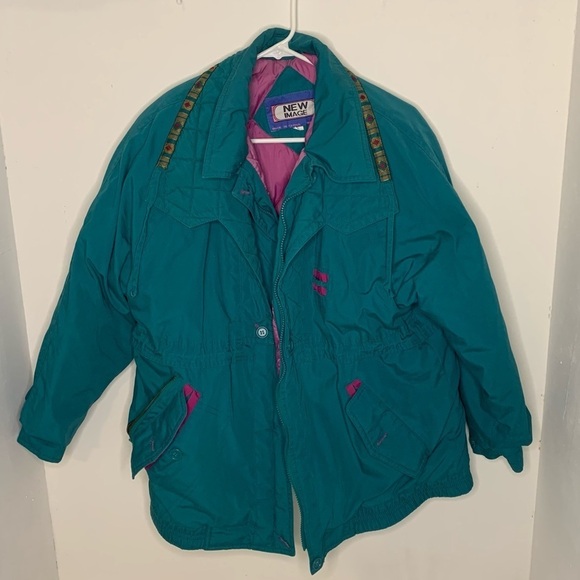 Vintage 80s Retro New Image Women's Large Teal & Purple Nylon Oversized Coat - Picture 2 of 12